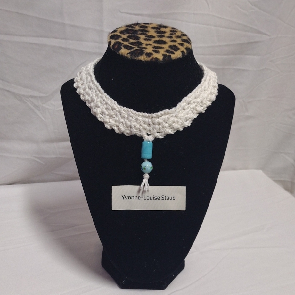 White Crochet Necklace with Blue Bead